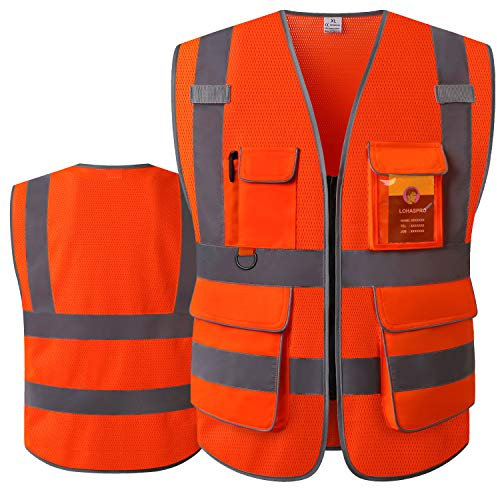 LOHASPRO Warnweste für Herren, reflektierende Sicherheitsweste mit Taschen, Klasse 2, Bau-Arbeitsweste, Reißverschluss vorne entspricht ANSI/ISEA-Standards