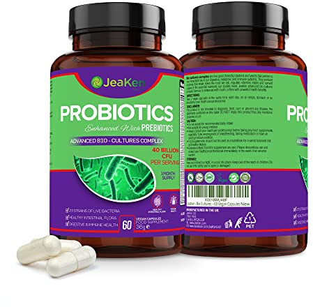 JeaKen Probiotics with Prebiotics, 23 Active Strains, 40 Billion CFU, 60 Vegan Capsules, Food Supplement for Women and Men