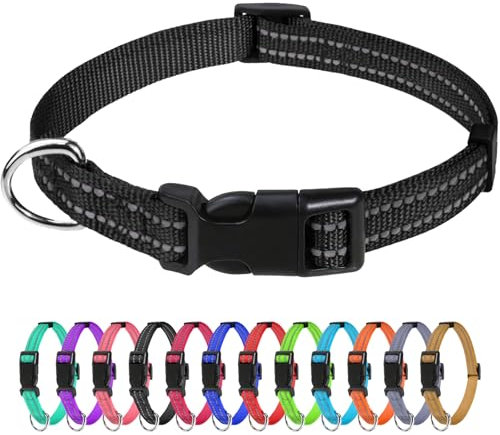 TagME Nylon Hundehalsband, Verstellbares Reflektierendes Hundehalsband mit Sicherheitsschnalle für Extra Kleine Hund, Schwarz, 1.5cm Breite