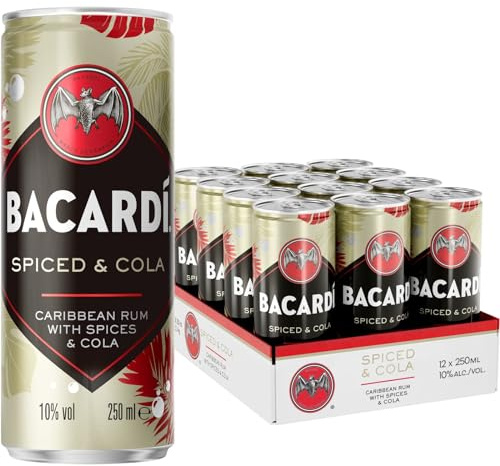 BACARDÍ Spiced & Cola, 10% Vol., 12 x 25 cl/250 ml, Ready-To-Drink Cocktail in der Dose, trinkfertig mit BACARDÍ Spiced Rum, Cola und Gewürzen