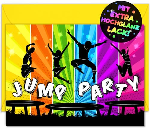 VULAVA 12x Jump Party EINLADUNGSKARTEN KINDERGEBURTSTAG Junge Mädchen + 12x Umschläge - die JUMP-PARTY Karten sind die Trampolin EINLADUNG für Jungen Kinder GEBURTSTAG Einladung Jump House HÜPFBURG