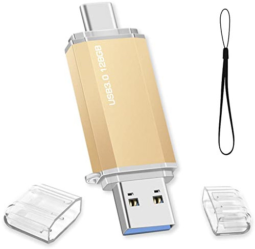 Clé USB C 128 GO, Clé USB 128Go 3.0 OTG Type C Flash Drive 2 en 1 Pen Drive Portable Clef USB Mémoire Stick pour Ordinateur Portable/PC/Voiture/Tablette/Smartphone/TV (Or)