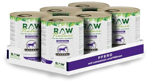 RAW Nature - Pferd Pur 6x800g - Mit Leinsamen - Nassfutter für Hunde - Hoher Fleischanteil - Monoprotein - Alleinfuttermittel - Getreidefreies Hundefutter (6er Pack)