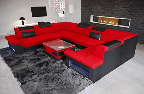 Sofa Wohnlandschaft Brianza - mit LED Beleuchtung, verstellbare Kopfstützen, Mikrofaser/Ausrichtung wählbar (Lange Seite Links, Schwarz-Rot)