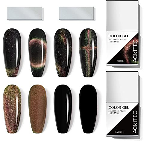 Aokitec 8ML*2 9D Kits Esmalte de Uñas Gel de Ojo de Gato Con Gel Negro de Esmalte y gel de inmersión de uña LED de Luz ultravioleta holográfica galaxy magnética