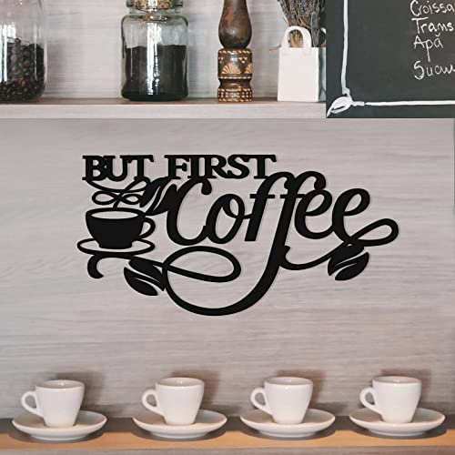 Panneau « But First Coffee », décoration murale en métal noir, panneau à suspendre avec tasse à café et grains, 35 x 18 cm, décoration de cuisine pour maison, station de café, magasin, accessoires