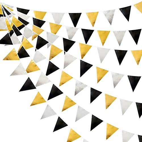 32Ft Black Gold Silver Fabric Triangle Banner Flag Double Sided Metallic Holographic Pennant Bunting Garland for Birthday Holiday Wedding Baby Shower Anniversary Graduation Theme Party Decorations