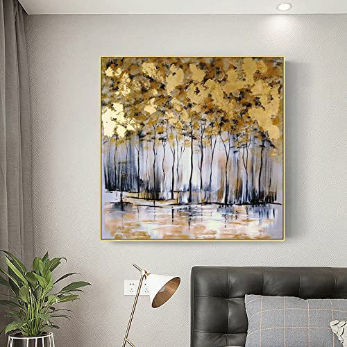 RGVV Handgemalte Acrylbilder Abstrakt,Handgemaltes Nebliges Waldölgemälde Auf Leinwand Moderne Kunstbilder Goldfolie Strukturierte Kunstwerke Rahmenloses Großes Originalwandgemälde Für Wohnzimmer Sc