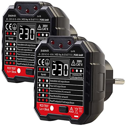 revolt Steckdosen-Prüfer: 2er-Set Steckdosentester, LCD-Display, RCD-Test, LED-Anzeige, 48-250 V (Steckdosentester für Zuhause, Lecksteckdosenprüfer, Steckdosenleiste)