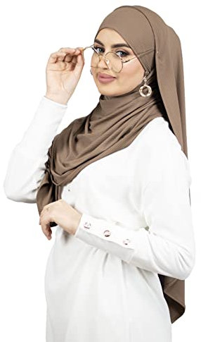 Hijab zum Binden mit Brillen-/Kopfhörer-Öffnungen, Jersey, gerippt, muslimische Frauen, HE510, braun, One size