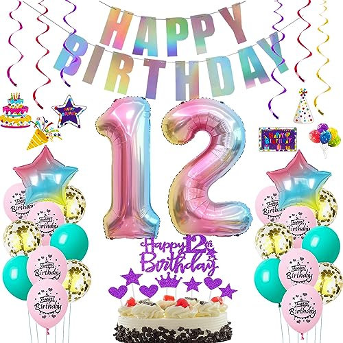 Deko 12. Geburtstag mädchen bunt,Geburtstagsdeko 12 jahre mädchen Rosa Luftballons 12 Geburtstag dekoration Regenbogen,Folienballon 12 Geburtstag deko mädchen Rosa Tortendeko 12 Geburtstag lila