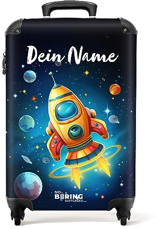 NoBoringSuitcases.com® Fotokoffer personalisiert, Kinderkoffer - 55x40x20cm Handgepäck Trolley, Kinder Trolley Jungen - Kindertrolley - Raumfahrt - Leicht - Koffer mit Namen Initialen