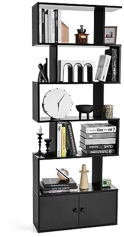 COSTWAY Wooden Bookcase, 5/6-Tier S-Shaped Storage Bookshelf with Cabinet, Freestanding Tall Display Shelf Open Rack Shelving Unit Divider for Living Room, Bedroom and Office (Black)