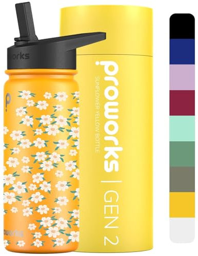 Proworks Gen 2 Insulated Water Bottles with Straw Lid | 1 Litre Stainless Steel Water Bottle, 24 Hours Cold & 12 Hours Hot, Metal Leakproof Flask for Work, Gym, Travel -Sunflower Yellow Ditsy Floral