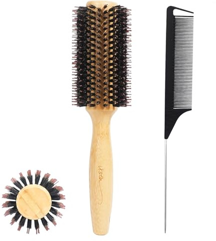 Vista Brosse Ronde Poil de Sanglier Bambou Brosse Cheveux 10mm Poils de Sanglier 15mm Poils de Nylon Brosse Cheveux Bouclés Coiffante Avec Peigne à Queue pour le Séchage, les Cheveux Brillants, Lisses