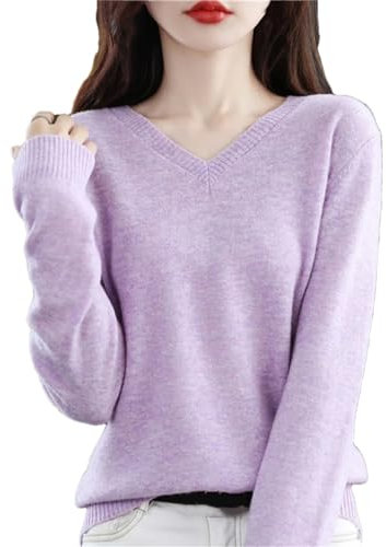 Autunno Inverno 100% Lana Merino Maglione Donna Maglia Cashmere Pullover di Base Scollo a V Chic Top Caldi, Jacquard Viola, M