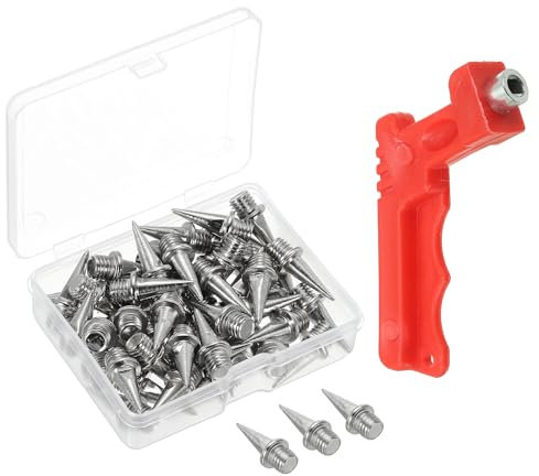 PATIKIL 1/2 Pulgada Puntas de Zapatos, Paquete de 50 Puntas de Acero Largas para Pistas y Campos de Atletismo, Puntas de Repuesto con Llave de Puntas para Salto, Plata
