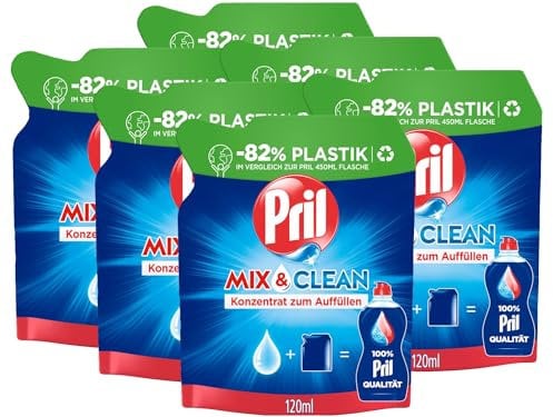 PRIL Mix & Clean Konzentrat zum Auffüllen (6x 120 ml), Handgeschirrspülmittel mit höchster Fettlösekraft, für sauberes Geschirr auch in kaltem Wasser, 82% weniger Plastik