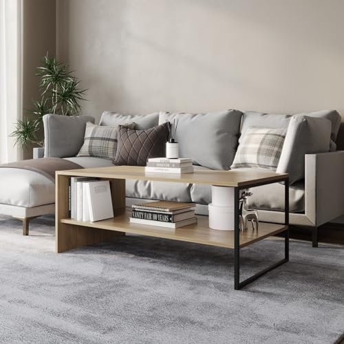 URBNLIVING 100cm Wooden Coffee Table Steel Frame Open Storage Shelf Living Room Furniture