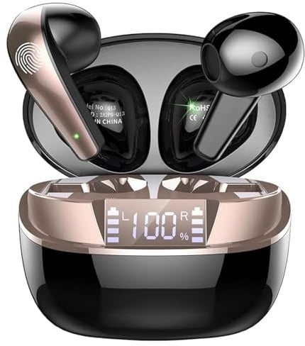BESNOOW Cuffie Bluetooth 5.3 Con Bassi Immersive, Auricolari Wireless Mini Con Microfono Incorporato, IP7 Impermeabili, 40H Di Autonomia, Display LED, Oro Nero