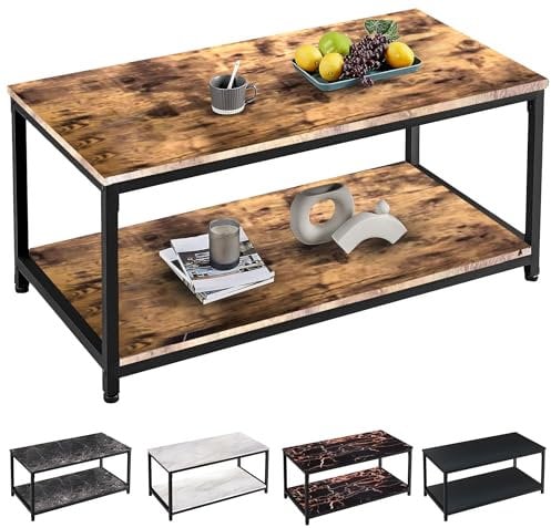 SG Traders Industrial Coffee Table for Living Room Large Side Table with Metal Leg 2 Tiers Stylish and Durable Industrial Coffee Table with Storage Perfect for Any Room 100x50x45cm (Rustic Wood)