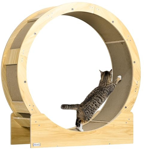 PawHut Roue d'exercice pour Chat 91 cm, exerciseur de Roue de Chat avec Frein, Coussins de grattage, Tapis Roulant de sécurité, pour Course Marche entraînement, Naturel