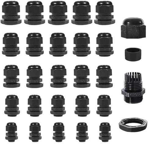 Prebarfun 50 Pcs Waterproof Cable Glands M12, M16, M18, M20, M25, IP68 Adjustable 3-16mm Wire Connectors, Nylon Cable Gland, Wire Connector, Protector(Black)