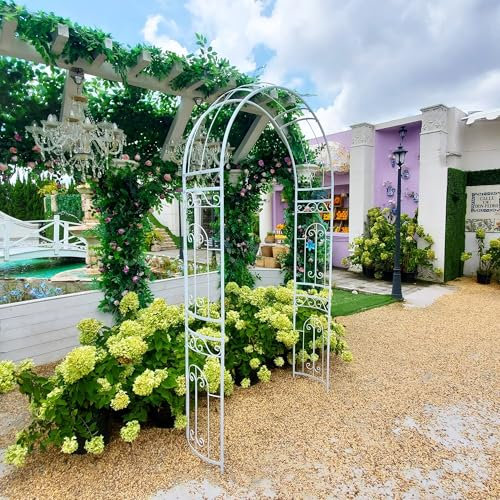 SCENDOR White Wedding Arch Garden Arbour Curved Metal Archway with Elegant Curve for Climbing Plants Roses Vines Garden Lawn Backyard Patio Wedding Outdoor Ceremony