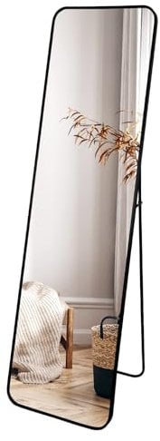 EXYGLO Ganzkörperspiegel 140x40 cm, Runder Standspiegel oder Wandspiegel mit Schwarzer Aluminium Rahmen, HD Durchgehender Ankleidespiegel für Flur, Wohn-, Schlaf- und Ankleidezimmer