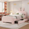 Merax Kinderbett Polsterbett Einzelbett 90x200 cm, Bett mit 2 Stauraum Schubladen, Kopfteil mit Kaninchen-Ohren, Flachbett Bettgestell Jugendbett, Lammwolle, Ohne Matratze, Rosa