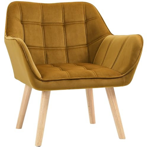 HOMCOM Sessel Wohnzimmer Ohrensessel Loungesessel Relaxsessel mit Gummiholzbeine, Lesesessel mit Samtoptik, Polstersessel für Schlafzimmer, skandinavisch, Gelb