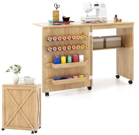 LIFEZEAL Nähmaschinenschrank klappbar, Nähschrank 2 in 1, Schreibtisch Holz mit Haken, Ablage & Rollen, Mobiler Nähtisch Nähmöbel für Zuhause & Büro (Natur, 116 x 40 x 76 cm)