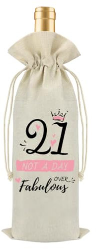 21st Birthday Gift for Girls,Reusable Linen Jute Wine Bottle Bag with Drawstring,“21 and Fabulous” Design,Decorative Eco,Friendly Gift Wrap,Perfect Birthday Present for Her or Friend