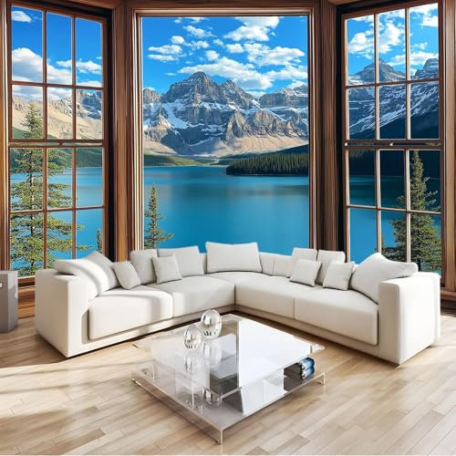 Vlies Fototapete 3D Effekt Blau Freskenfenster Berge Seen Vliestapete - Wandtapete Für Wohnzimmer Schlafzimmer Büro Flur Tapete Kinderzimmer Jungen Mädchen Wandtapete 300 x 210 cm