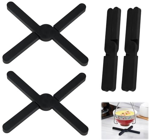 4 Pack Foldable Silicone Trivets X-shaped Folding Pan Stand Non-Slip Worktop Protector Pot Holders Heat Resistant Trivets Mats for Kitchen Table Baking Pan Cup Pot Dishes Plates, Black
