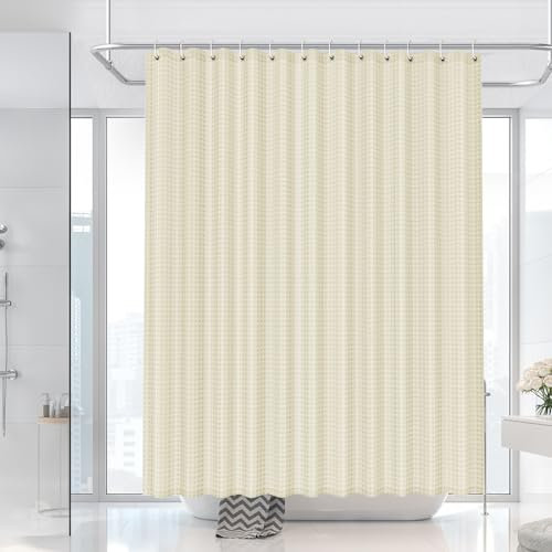 LUKDUNG Duschvorhang Waffel, 180x200cm Waffel Duschvorhang Waschbar Textil, Polyester Stoff Shower Curtain mit 12 Duschvorhangringe, Beige