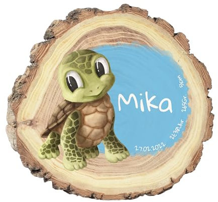 CHICCIE Disco de árbol personalizado para nacimiento, tortuga, impresión de acuarela, 28 cm, placa de nacimiento, placa de puerta, soporte para habitación de bebé, idea de regalo