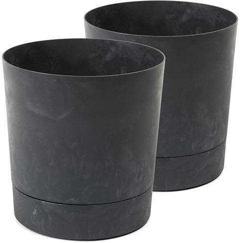 Tymar Vaso da fiori con sottovaso, confezione da 2, vaso decorativo in plastica, moderno, rotondo, per interni (diametro 35 cm, confezione da 2) in calcestruzzo nero