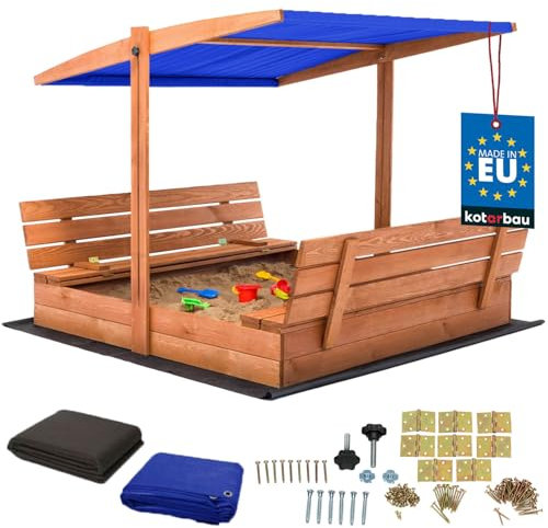 KOTARBAU® Sandkasten mit Abdeckung 140 x 140 cm Großer Braun Holzsandkasten mit Blau Dach Sandkasten mit Deckel Sandkasten mit Dach Gartenspielzeug Kinder imprägniert verschließbar mit Bänken