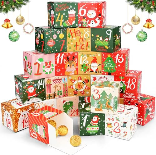 24 Stück Adventskalender Boxen 2026 zum Befüllen, Bunte DIY Adventskalender zum Basteln, Faltbare Geschenkboxen für Weihnachten, Weihnachtskalender für Familie und Kinder