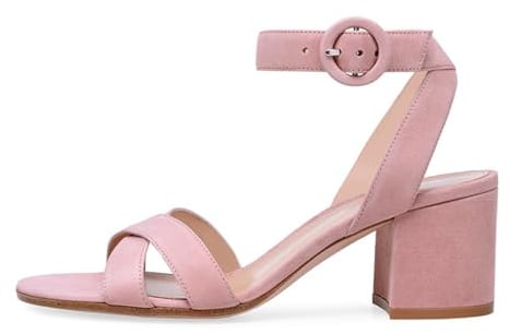Sandali da Donna con Tacco Alto e Cinturino Alla Caviglia, Sandali con Tacco Medio Spesso in Pelle Scamosciata Punta Aperta Fibbia Scarpe con Tacco Largo per Abiti Sera e Sposa