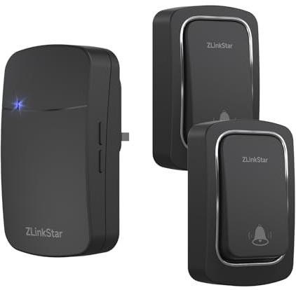 ZLinkStar Self-Powered Wireless Doorbell,Waterproof IP65 Cordless Door Bell kit,38 Chimes, 5 Level Volume,Doorbell No Battery Required for Home(Black+2transmitter+1 Receiver)