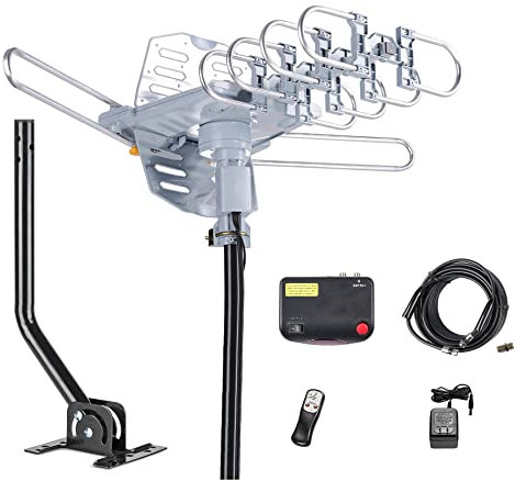 McDuory Outdoor 150 Miles Digital Antenna 360 Degree Rotation Amplified HDTV Antenna -Support 2 TVs-UHF/VHF/1080P/4K - Infrared Remote - 40ft RG6 Cable and Mounting Pole Included