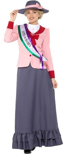 Smiffys Deluxe Victorian Suffragette Costume, Grey & Pink with Dress, Sash & Hat, Historical Fancy Dress, Adult Dress Up Costumes