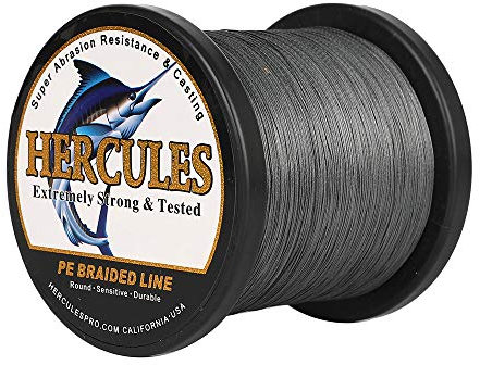 HERCULES - Lenza da pesca intrecciata, 1000 m, test da 22,7 kg, per acqua salata e dolce, in PE, 8 fili, grigio, 22,7 kg, 0,37 mm