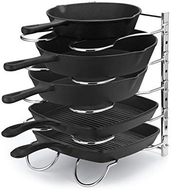 CAXXA Estante para sartenes resistente, estante para tapa de ollas, organizador de utensilios de cocina con 5 separadores ajustables, cromado