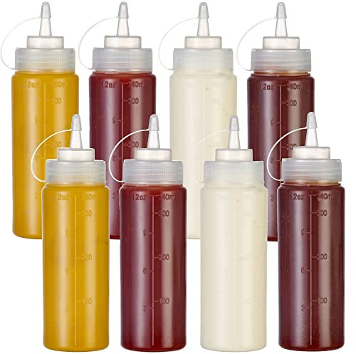 MATANA 8 Plastic Squeeze Sauce Bottles with Nozzles, 340ml - Condiments, Sauces, Ketchup, Dressings, Mustard, Olive Oil - BPA-Free & Dishwasher Safe