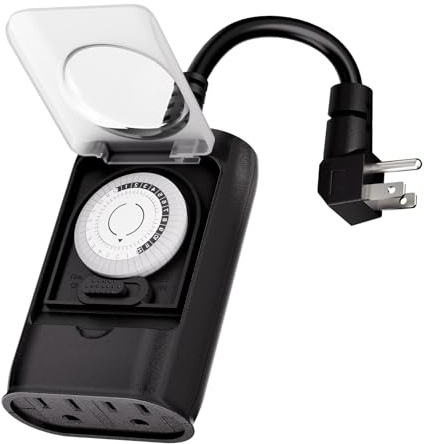 K KASONIC - Outdoor Light Timer Outlet, 24 Hour Mechanical Switch, Heavy Duty Plug in Timer Waterproof with 2 Grounded Outlet, ETL Listed (Black)
