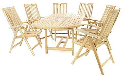 Nexos Trading DIVERO Gartenmöbelset Sitzgruppe Teakholz Natur Tisch 170/230 cm ausziehbar 6 x Hochlehner Gartenstühle mit Armlehne und hoher Lehne mehrfach verstellbar