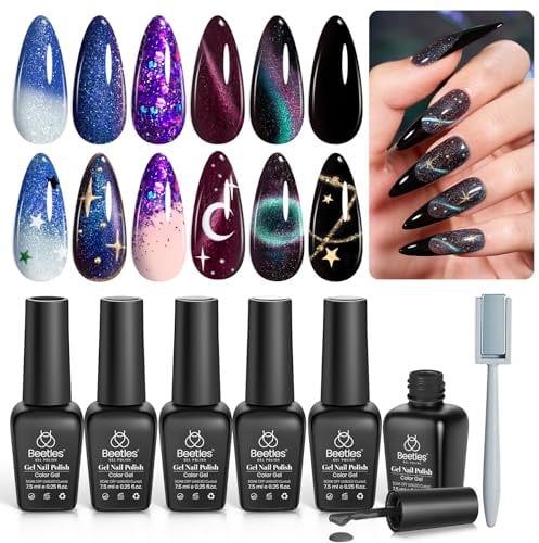 Beetles Gel Nail Polishes- Milky Way Glitter Cat Eyes Magnet Color Changing Gel Phantom Chameleon Set, 6 Colors Black Gel Polish Kit Soak Off Nail Lamp Gel Nail Kit Varnish Nail Art Gifts for Women